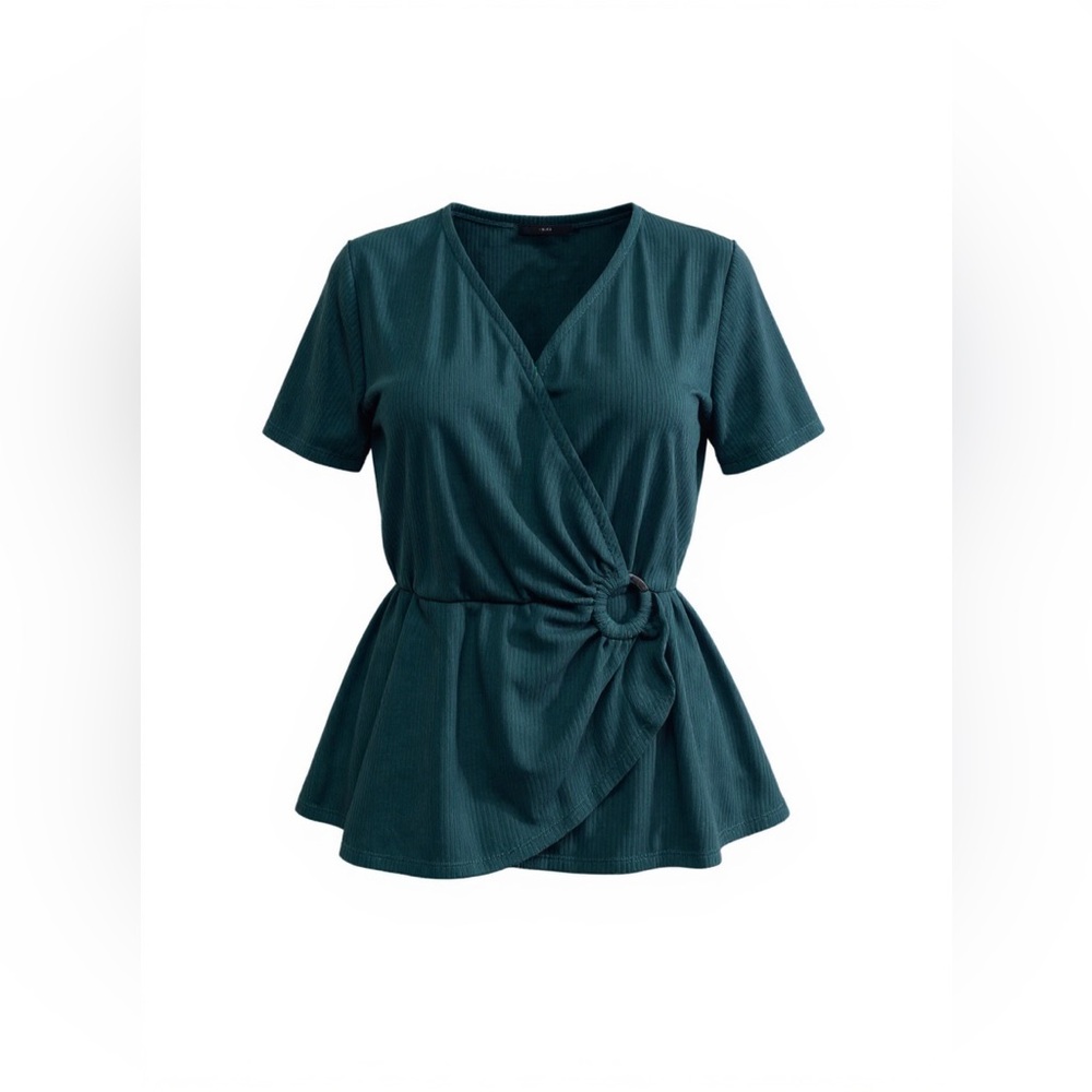 Gilli Women Green Ribbed Knit Wrap Surplice Short Sleeve Peplum‎ Top MP